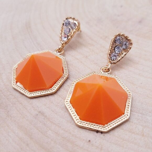 2/$20 Brand New Gold Tone Orange Rhinestone Earrings - Picture 3 of 8
